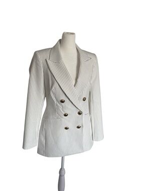 Express White Pinstripe Double-Breasted Blazer with Gold Buttons